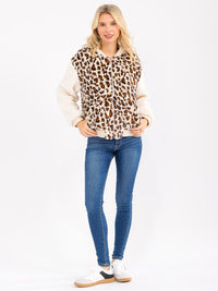 WOMEN'S LONG SLEEVE ZIP UP FRONT POCKETS ANIMAL PRINT SHERPA JACKET