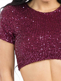 WOMEN'S SHORT SLEEVE CROP TOP & ZIP UP MINI SKIRT SEQUINS 2PC. SET