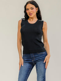 WOMEN'S SLEEVELESS RHINESTONES DETAILED RIBBED TANK TOP