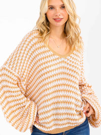 WOMEN'S LONG SLEEVE V-NECK COLORBLOCK OVERSIZED PULLOVER SWEATER