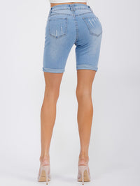WOMEN'S BUTTON CLOSURE DISTRESS DENIM BIKER SHORTS