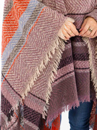 WOMEN'S LONG SLEEVE V-NECK HOODED PLAID PULLOVER PONCHO