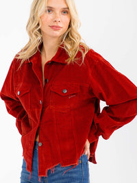 WOMEN'S LONG SLEEVE BUTTON CLOSURE FRONT POCKETS CORDUROY DISTRESS JACKET
