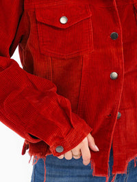 WOMEN'S LONG SLEEVE BUTTON CLOSURE FRONT POCKETS CORDUROY DISTRESS JACKET