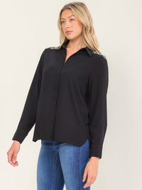 WOMEN'S LONG SLEEVE BUTTON UP STUDS SHOULDER DETAILED BLOUSE