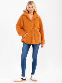 WOMEN'S LONG SLEEVE BUTTON CLOSURE POCKETS SHERPA JACKET