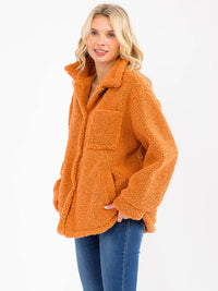 WOMEN'S LONG SLEEVE BUTTON CLOSURE POCKETS SHERPA JACKET