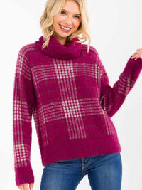 WOMEN'S LONG SLEEVE TURTLE NECK PLAID PULLOVER SWEATER