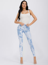 WOMEN'S BUTTON CLOSURE POCKETS SKINNY LEG DENIM TIE DYE PANTS