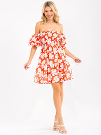 WOMEN'S SHORT PUFF SLEEVE SMOCK FLORAL MINI DRESS