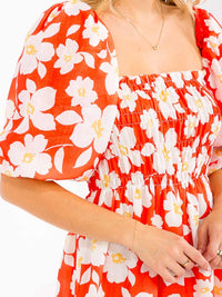 WOMEN'S SHORT PUFF SLEEVE SMOCK FLORAL MINI DRESS