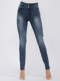 WOMEN'S BUTTON CLOSURE POCKETS SKINNY LEG DENIM PANTS