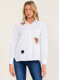 WOMEN'S LONG SLEEVE BUTTON UP STUDS HEARTS DETAILED BLOUSE