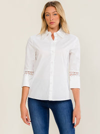 WOMEN'S 3/4 EYELET SLEEVE BUTTON UP BLOUSE