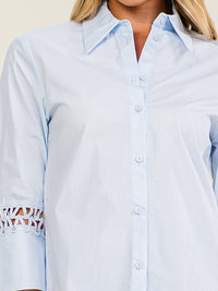 WOMEN'S 3/4 EYELET SLEEVE BUTTON UP BLOUSE