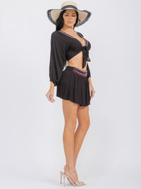 WOMEN'S LONG SLEEVE CROP TOP & ELASTIC WAIST MINI SKORT BEADS TRIM 2PC. SET