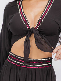 WOMEN'S LONG SLEEVE CROP TOP & ELASTIC WAIST MINI SKORT BEADS TRIM 2PC. SET