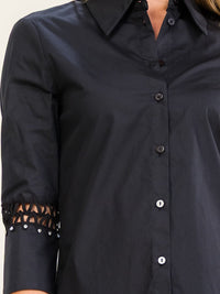 WOMEN'S 3/4 EYELET SLEEVE BUTTON UP BLOUSE