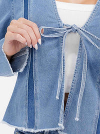 WOMEN'S LONG SLEEVE OPEN FRONT SELF TIE DENIM BLAZER