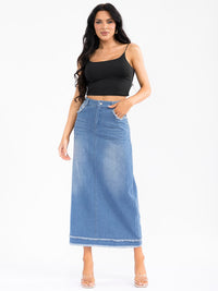 WOMEN'S BUTTON CLOSURE POCKETS WASHED DENIM MAXI SKIRT