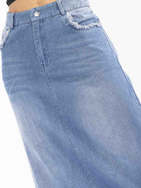 WOMEN'S BUTTON CLOSURE POCKETS WASHED DENIM MAXI SKIRT