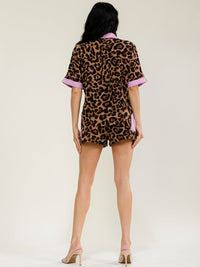 WOMEN'S SHORT SLEEVES BUTTON UP TOP & ELASTIC WAIST POCKETS SHORTS ANIMAL PRINT 2PC. SET