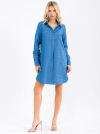 WOMEN'S LONG SLEEVE BUTTON UP POCKETS CHAMBRAY TUNIC MINI DRESS