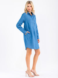 WOMEN'S LONG SLEEVE BUTTON UP POCKETS CHAMBRAY TUNIC MINI DRESS