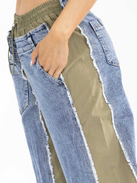 WOMEN'S ELASTIC WAIST POCKETS DENIM CONTRAST WIDE LEG PANTS