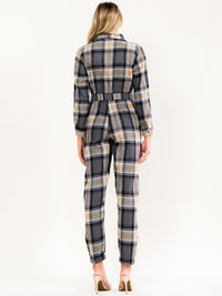 WOMEN'S LONG SLEEVE ZIP UP POCKETS ELASTIC WAIST SKINNY LEG PLAID JUMPSUIT