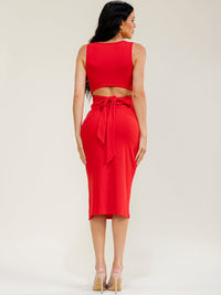 WOMEN'S SLEEVELESS FRONT SLIT OPEN BACK RIBBED MIDI DRESS