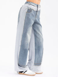 WOMEN'S BUTTON CLOSURE POCKETS DENIM CONTRAST WIDE LEG PANTS
