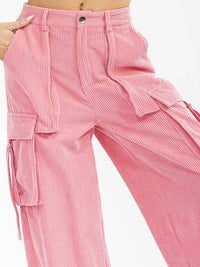 WOMEN'S BUTTON CLOSURE CARGO POCKETS WIDE LEG CORDUROY PANTS