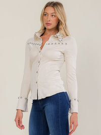 WOMEN'S LONG SLEEVE BUTTON UP STUDS VELVET BLOUSE