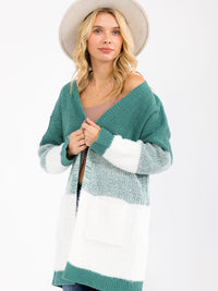 WOMEN'S LONG SLEEVE OPEN FRONT POCKETS COLORBLOCK CARDIGAN