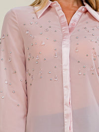 WOMEN'S LONG SLEEVE BUTTON UP STUDS SHEER BLOUSE