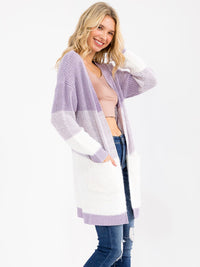 WOMEN'S LONG SLEEVE OPEN FRONT POCKETS COLORBLOCK CARDIGAN