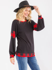 WOMEN'S LONG SLEEVE CONTRAST PLAID TOP
