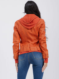 WOMEN'S LONG SLEEVE REMOVABLE HOODIE ZIPPER CLOSURE FRONT POCKETS PU PLEATHER JACKET
