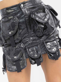WOMEN'S BUTTON CLOSURE POCKETS PU PLEATHER MINI SKIRT
