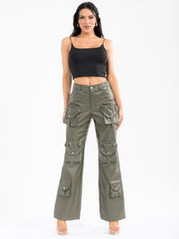 WOMEN'S BUTTON CLOSURE CARGO POCKETS WIDE LEG PU PLEATHER PANTS