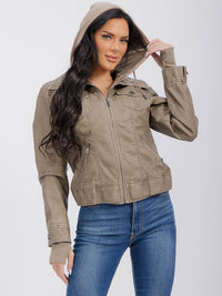 WOMEN'S LONG SLEEVE REMOVABLE HOODIE ZIPPER CLOSURE FRONT POCKETS PU PLEATHER JACKET