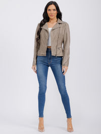 WOMEN'S LONG SLEEVE ZIPPER CLOSURE FRONT POCKETS STUDS PU PLEATHER JACKET