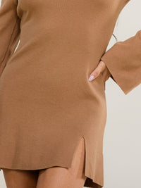 WOMEN'S LONG BELL SLEEVE MOCK NECK FRONT SLIT BODYCON MINI DRESS