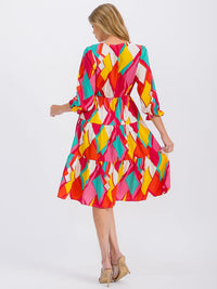 WOMEN'S 3/4 SLEEVE V-NECK ELASTIC WAIST MULTI PRINT MIDI DRESS