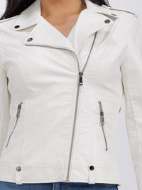 WOMEN'S LONG SLEEVE ZIPPER CLOSURE FRONT POCKETS PU PLEATHER JACKET