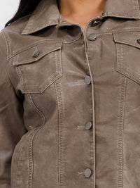 WOMEN'S LONG SLEEVE BUTTON CLOSURE FRONT POCKETS PU PLEATHER JACKET