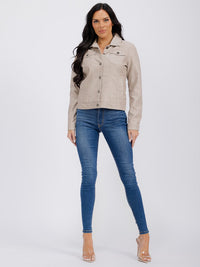WOMEN'S LONG SLEEVE BUTTON CLOSURE FRONT POCKETS PU PLEATHER JACKET