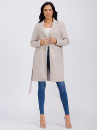 WOMEN'S LONG SLEEVE OPEN FRONT SELF TIE FRONT POCKETS PU PLEATHER COAT