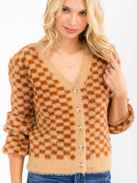 WOMEN'S LONG SLEEVE BUTTON UP CHEKERS PRINT FUZZY SWEATER